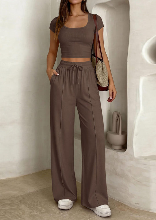 Damen lässiges Cropped-Top und weite Hose Set EB
