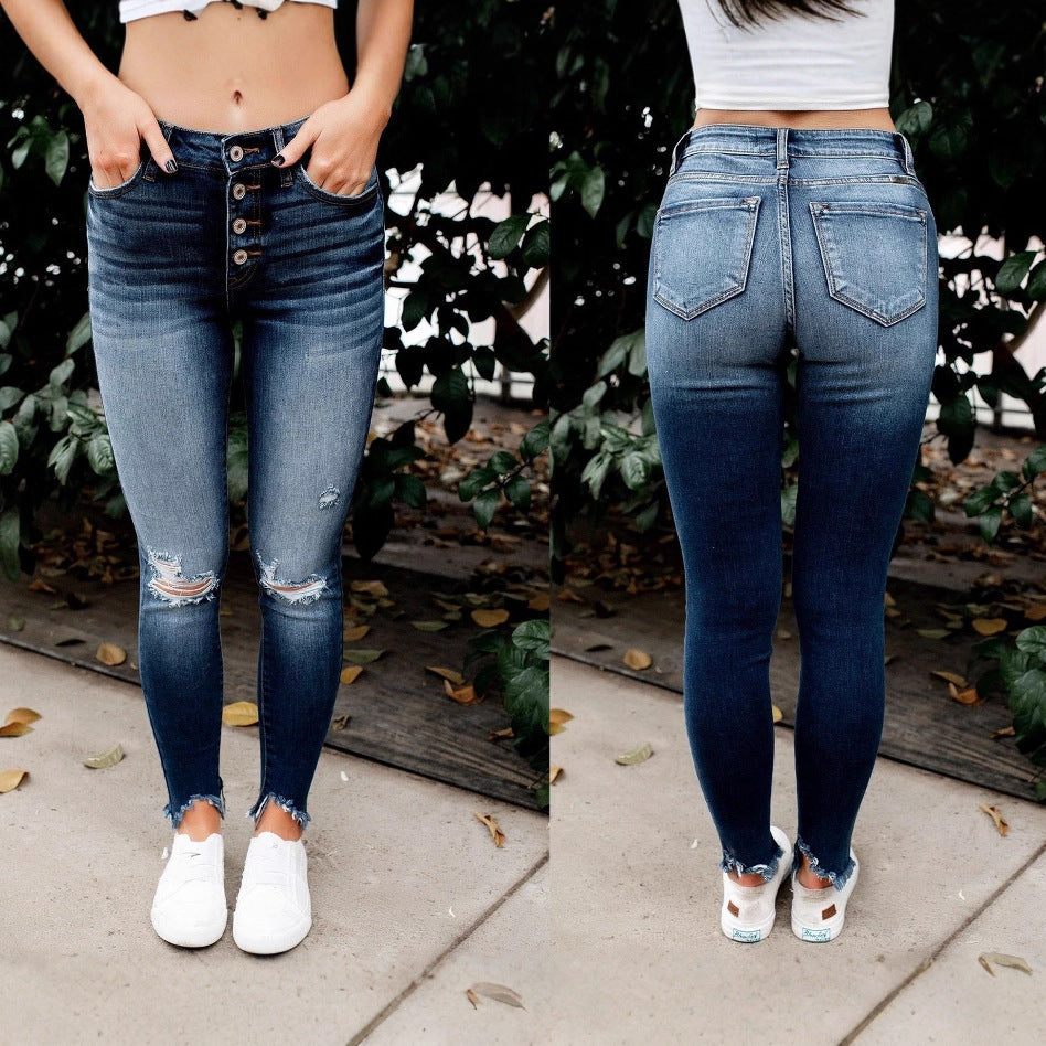Damen Skinny Jeans mit Button-Fly und modischen Destroyed-Details EB