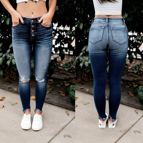 Damen Skinny Jeans mit Button-Fly und modischen Destroyed-Details EB