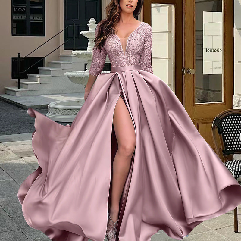 Damen Elegantes Abendkleid mit tiefem V-Ausschnitt und seitlichem Schlitz EB