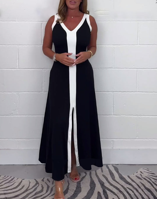 Damen Maxikleid mit tiefem V-Ausschnitt und kontrastierendem Streifen Heidi-Mode
