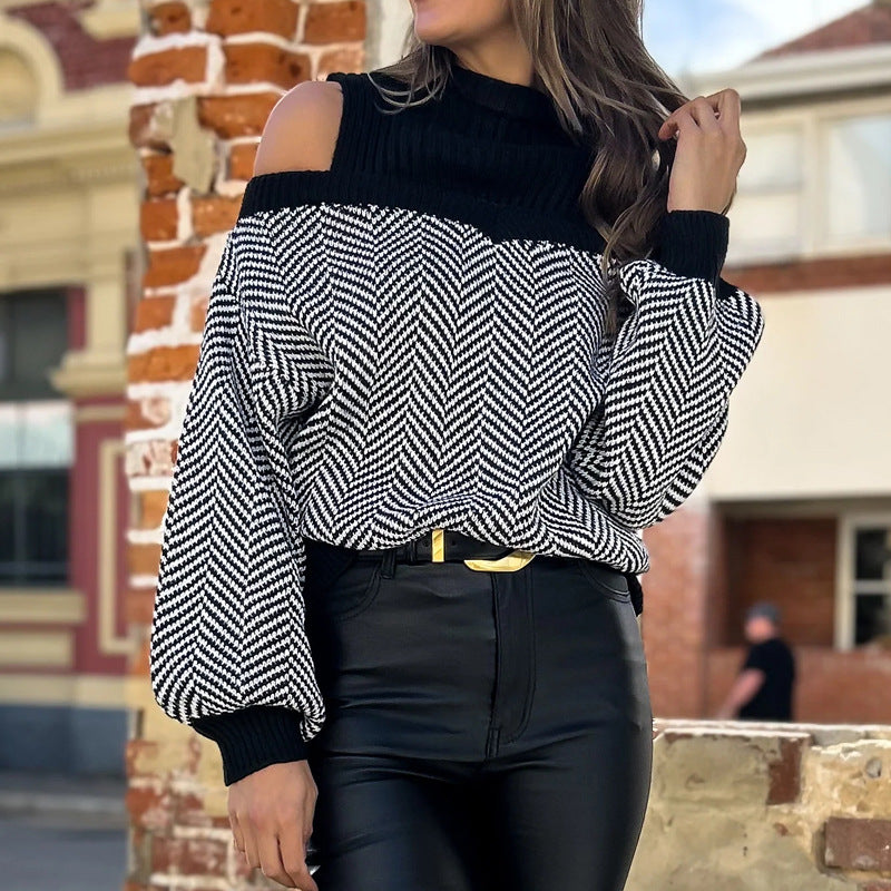 Damen Oversized Strickpullover mit दीपem Halsausschnitt und off-shoulder Design EB