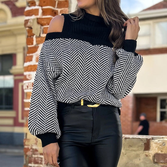 Damen Oversized Strickpullover mit दीपem Halsausschnitt und off-shoulder Design EB