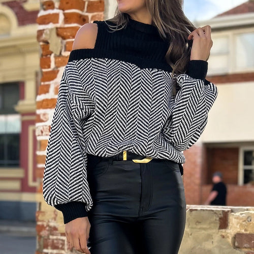 Damen Oversized Strickpullover mit दीपem Halsausschnitt und off-shoulder Design EB