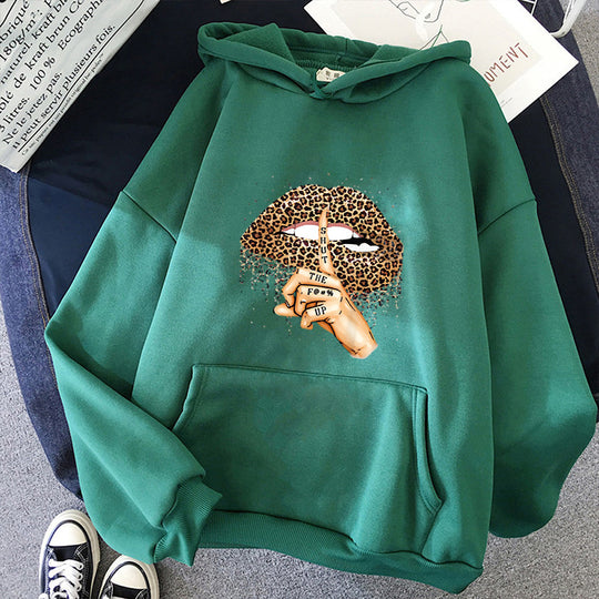 Damen nan oversized Fleece-Hoodie mit Leoparden-Lippen-Motiv, Kängurutasche und gerippten Bündchen EB