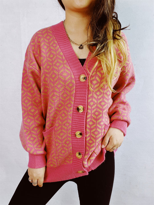 Damen Strickjacke mit geometrischem Muster und Knopfdetails EB