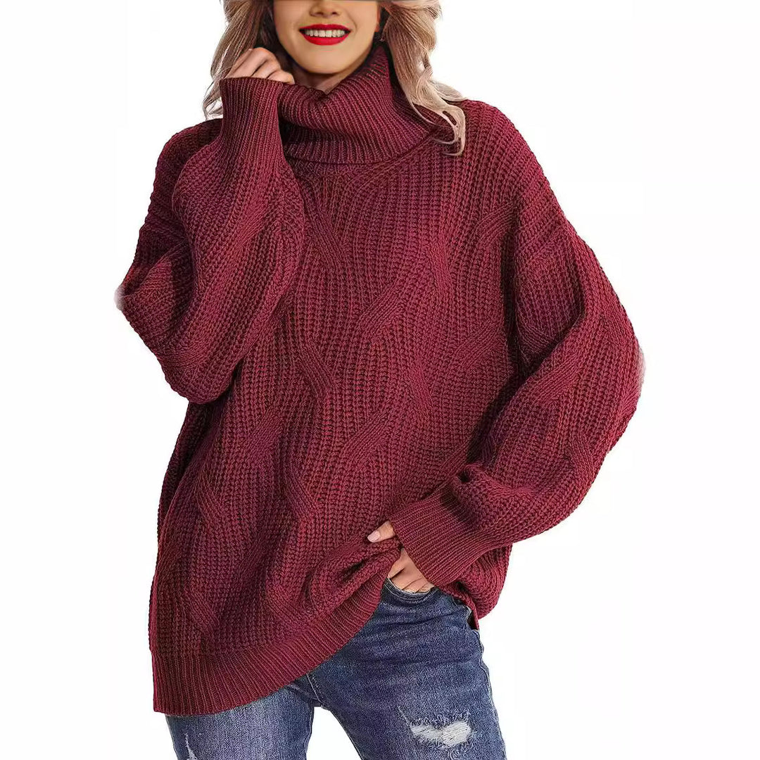 Damen Grobstrickpullover mit hohem Kragen und strukturiertem Zopfmuster EB