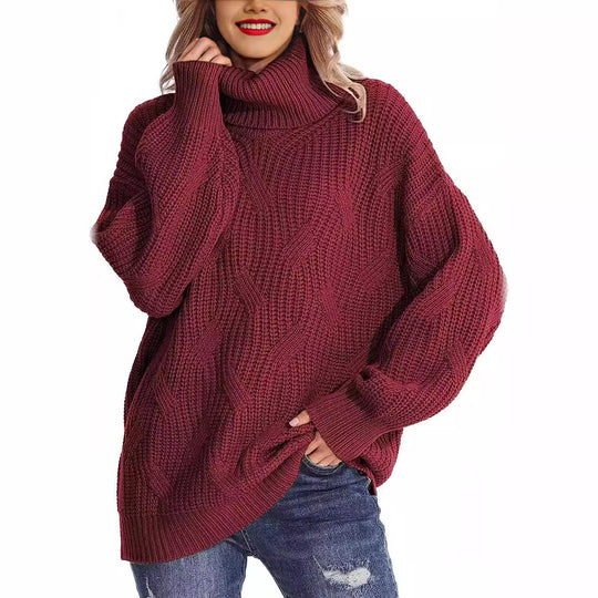 Damen Grobstrickpullover mit hohem Kragen und strukturiertem Zopfmuster EB