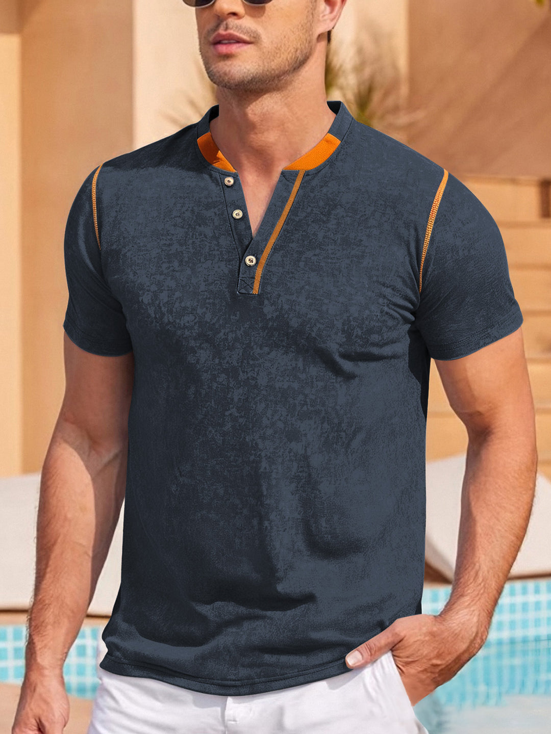 Herren nan lässiges Kurzarm-Grandadshirt mit kurzer Knopfleiste, Kontrastpaspel und weichgewaschener Struktur EB