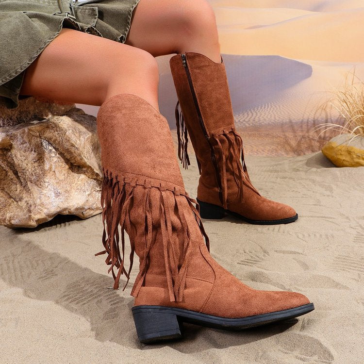 Damen Fransen-Cowboy-Stiefel aus Veloursleder mit spitzer Zehenkappe und seitlichem Reißverschluss EB