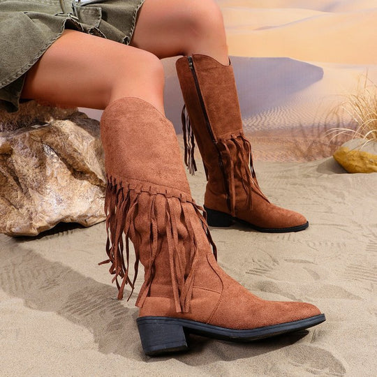 Damen Fransen-Cowboy-Stiefel aus Veloursleder mit spitzer Zehenkappe und seitlichem Reißverschluss EB