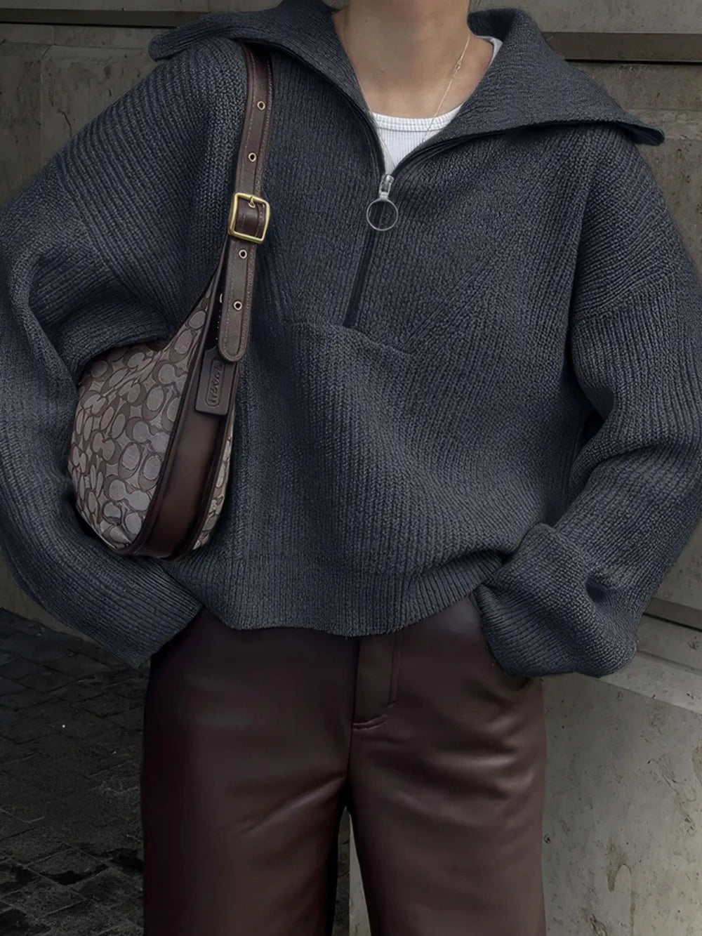 Damen Strickpullover mit Reißverschluss und lässigem Schnitt EB