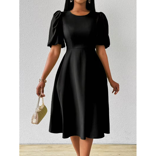 Damen Midi-Kleid mit Puffärmeln und schwingendem Saum EB