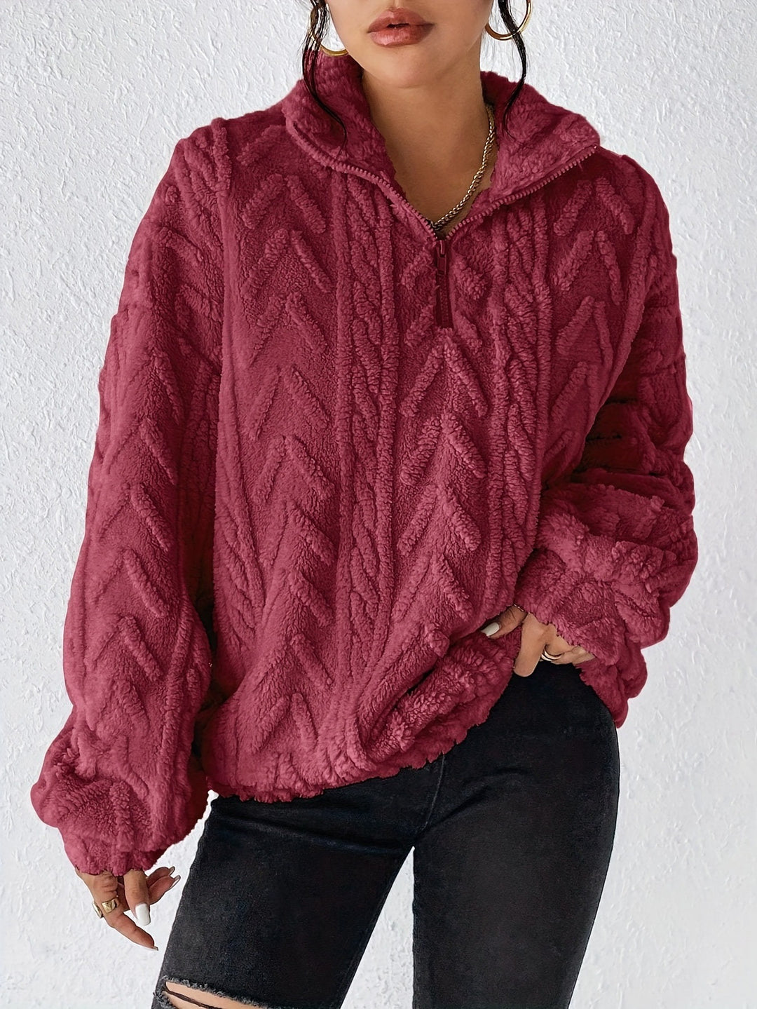 Damen Fleece Pullover mit hohem Kragen und strukturiertem Design EB