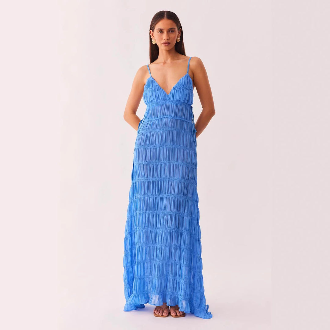 Damen Maxikleid mit raffiniertem Rüschendesign und tiefem V-Ausschnitt EB