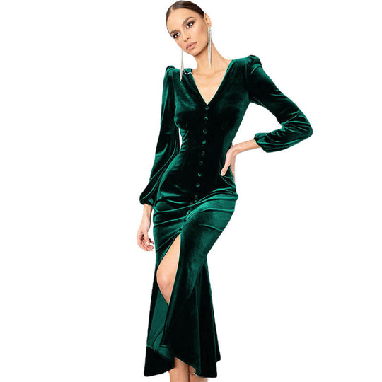 Damen Samt Maxikleid mit tiefem V-Ausschnitt und Knopfdetails EB