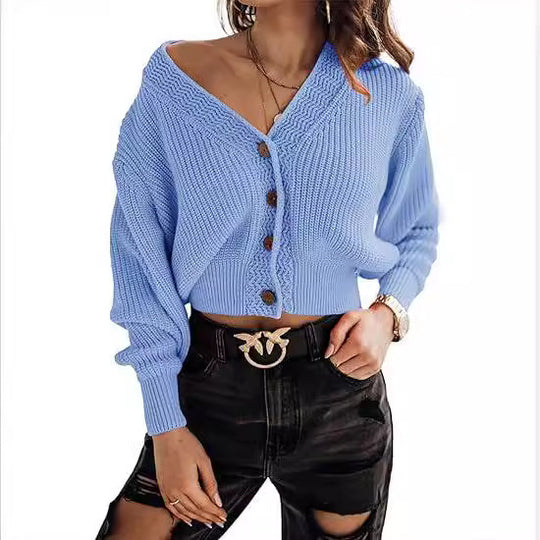 Damen lässiger Strickpullover mit tiefem V-Ausschnitt und Knopfdetails EB