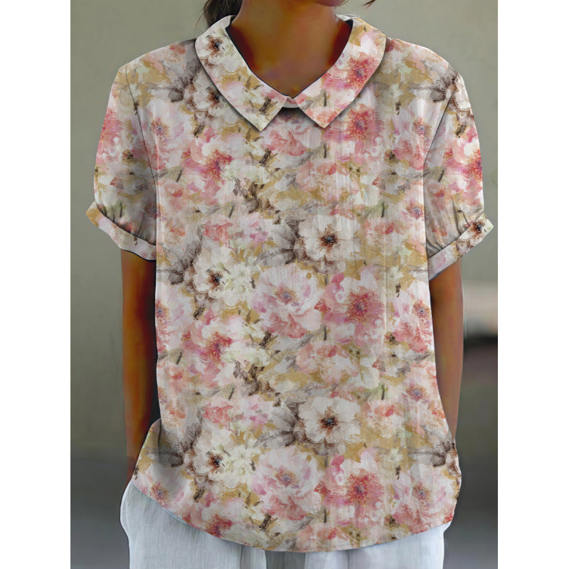 Damen Kurzarmbluse mit floralen Akzenten und klassischem Kragen EB