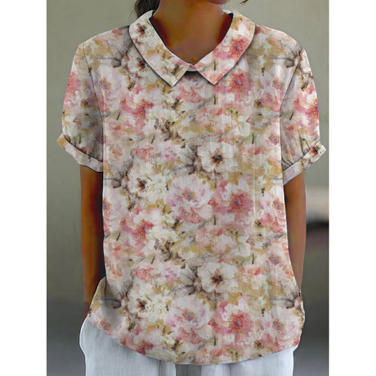 Damen Kurzarmbluse mit floralen Akzenten und klassischem Kragen EB