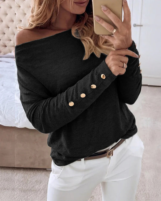 Damen Offshoulder Feinstrickpullover mit Zierknopfleiste an den Ärmeln EB