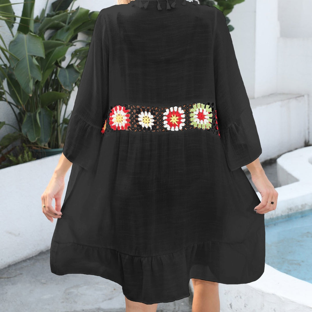Damen eleganter Strandüberwurf mit floralem Häkelmuster EB