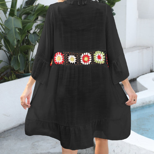 Damen eleganter Strandüberwurf mit floralem Häkelmuster EB