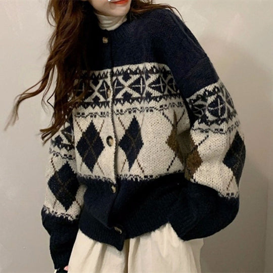 Damen Grobstrickjacke mit dekorativem Norwegermuster EB