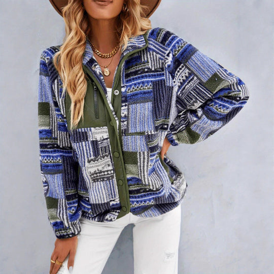 Damen Gemusterte Plüschjacke mit hohem Kragen und Druckknopfverschluss EB