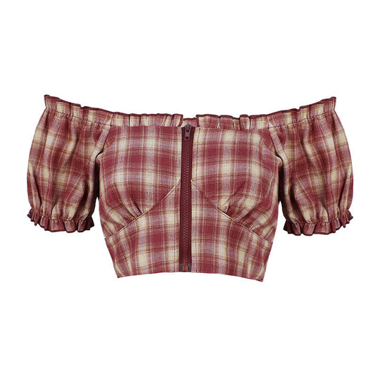 Damen Cropped Bluse mit Puffärmeln und Reißverschluss EB