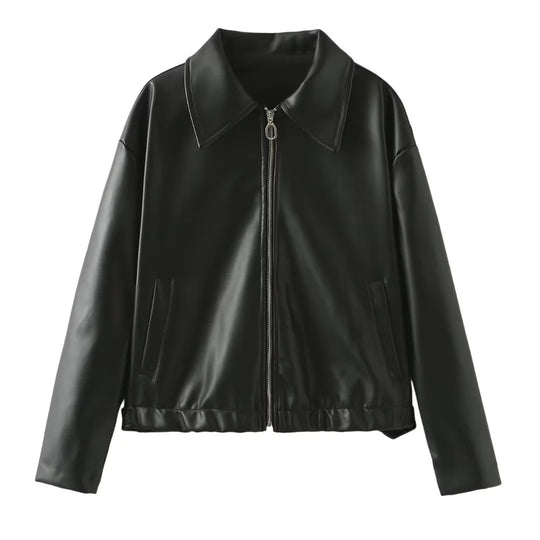 Damen elegante Kunstlederjacke im modernen Design mit praktischem Reißverschluss EB