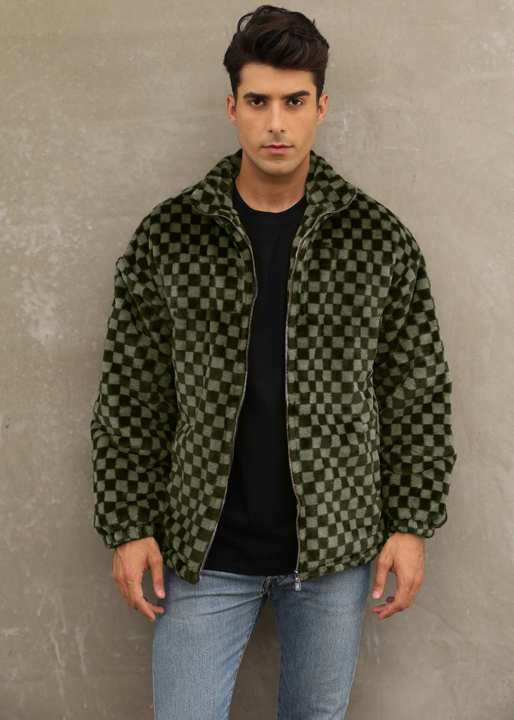 Herren Plüschjacke mit Karo-Muster und hohem Kragen EB