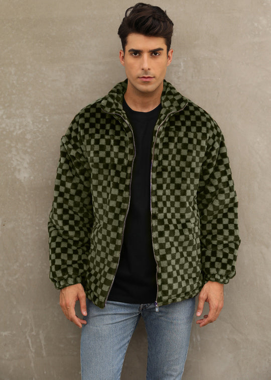 Herren Plüschjacke mit Karo-Muster und hohem Kragen EB