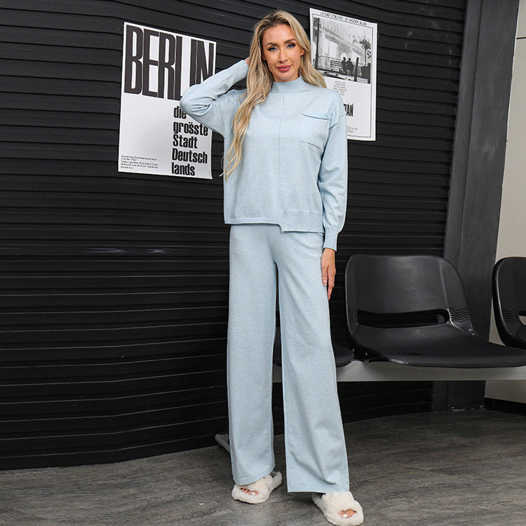 Damen gemütliches Strick-Loungewear-Set mit hohem Kragen und weitem Schnitt EB