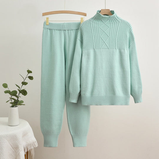 Damen gemütliches Strick-Loungewear-Set mit hohem Kragen und Rippstruktur EB