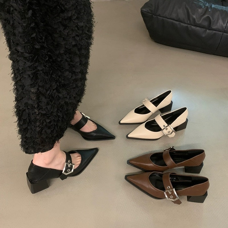 Damen elegante Ballerina-Pumps mit modischem Riemchen und stilvollem Blockabsatz EB