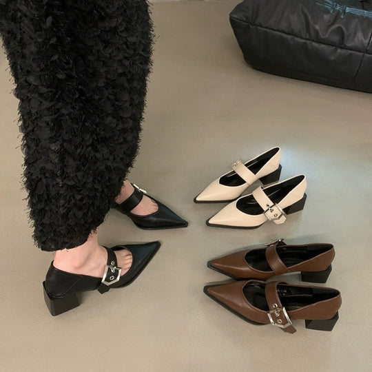 Damen elegante Ballerina-Pumps mit modischem Riemchen und stilvollem Blockabsatz EB