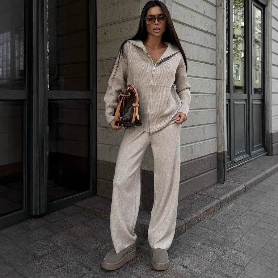 Damen Feinstrick-Loungewear-Set mit Zwei-Wege-Reißverschluss und weitem Umlegekragen EB