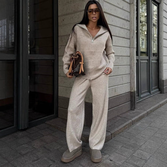 Damen Feinstrick-Loungewear-Set mit Zwei-Wege-Reißverschluss und weitem Umlegekragen EB