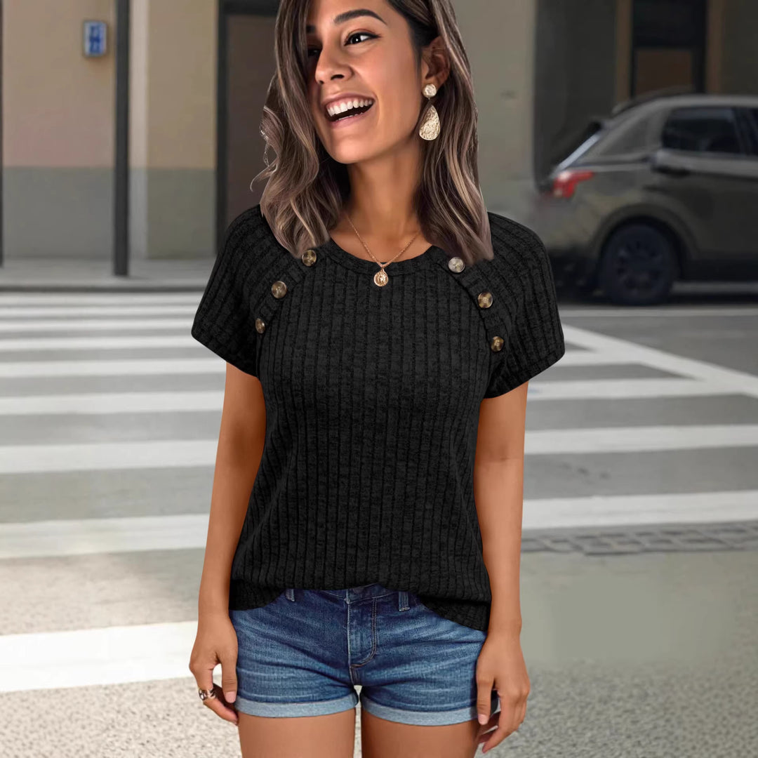 Damen lässiges Rippenstrick-T-Shirt mit Knöpfen EB