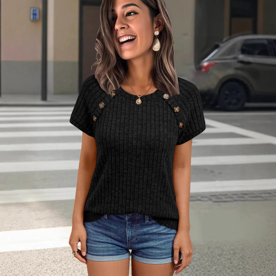 Damen lässiges Rippenstrick-T-Shirt mit Knöpfen EB