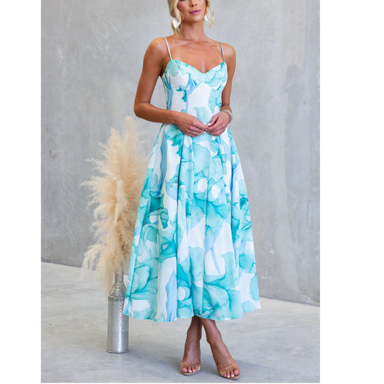 Damen Maxikleid mit zartem floralem Design und raffiniertem V-Ausschnitt EB