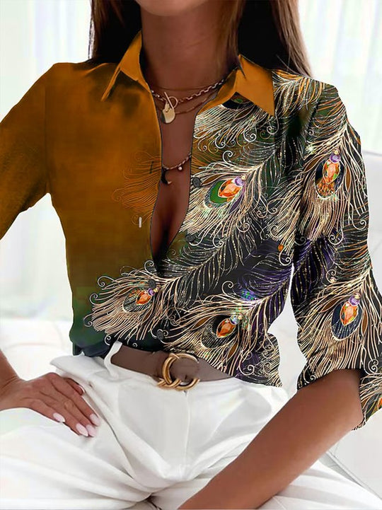 Damen Elegantes Hemd mit Pfauenmuster und modernen Akzenten EB