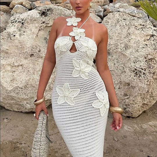 Damen Häkel-Maxikleid mit floralem Ausschnitt EB