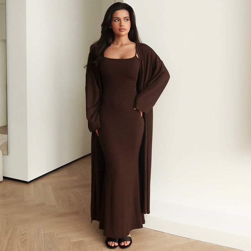 Damen Langärmliges Maxikleid mit offenem Cardigan EB