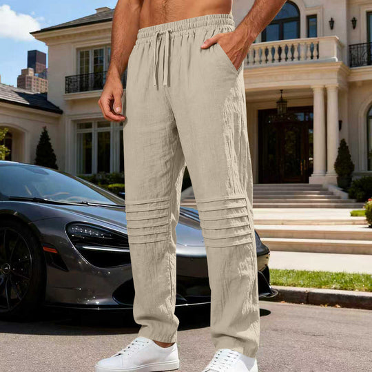 Herren nan entspannte Leinen-Jogginghose mit elastischem Tunnelzug, Kellerfalten-Kniepartie und seitlichen Eingrifftaschen EB