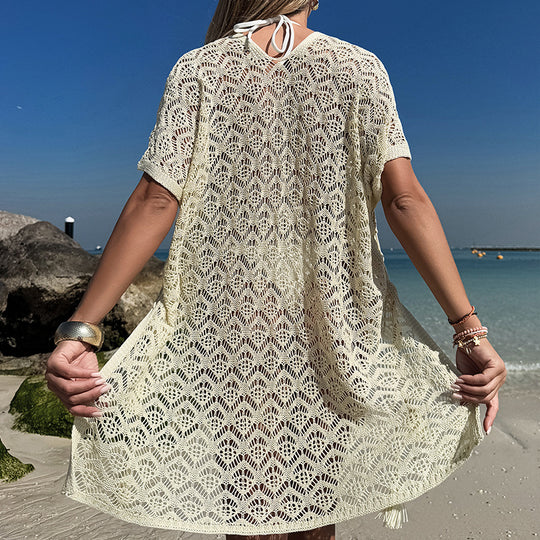 Damen Häkel-Überwurfkleid mit lockerer Passform und V-Ausschnitt EB