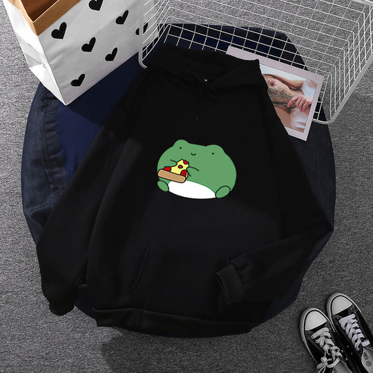 Damen nan gemütlicher Kapuzenpullover mit kawaii Frosch‑Pizza‑Motiv und oversized Relax‑Fit EB