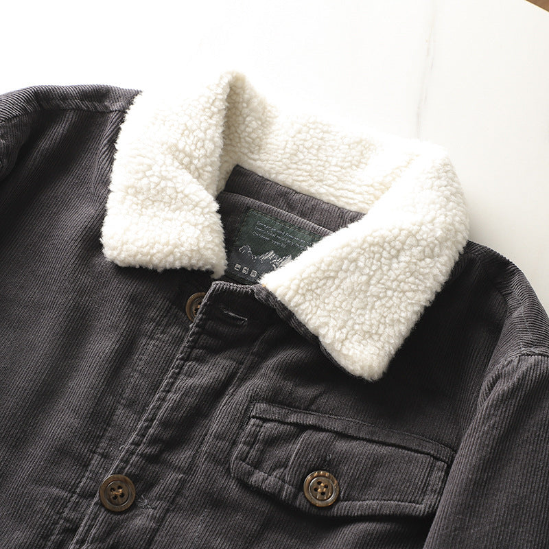 Herren nan gefütterte Cordjacke mit Teddykragen, Knopfleiste und aufgesetzten Taschen EB