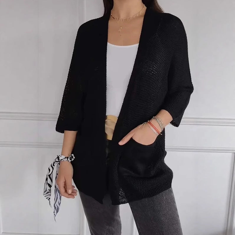 Damen lässige Strickjacke mit offener Vorderseite und praktischen Taschen EB