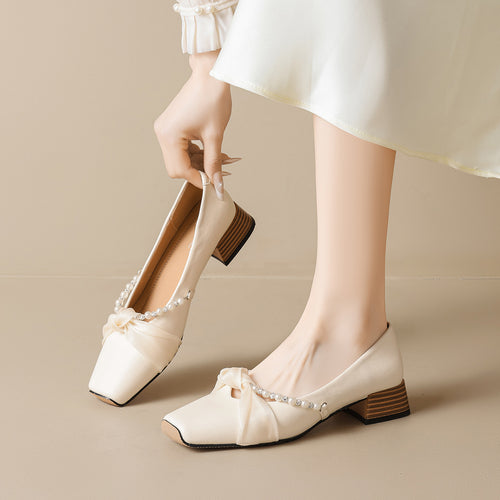 Damen elegante Ballerinas mit modischem Schleifenakzent und funkelnden Perlen EB